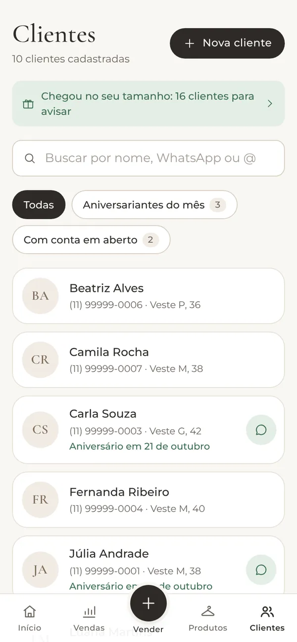 Clientes: lista com WhatsApp, tamanhos e aniversários, e o aviso de chegou no seu tamanho.