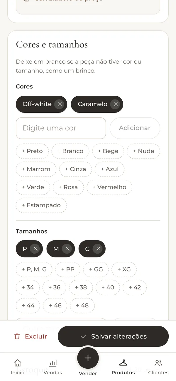 Cadastro da peça com as cores e os tamanhos.