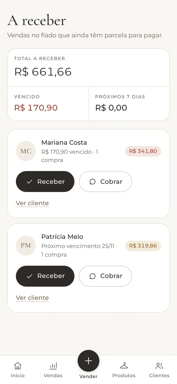 A receber: total do fiado, parcelas vencidas e os botões Receber e Cobrar.