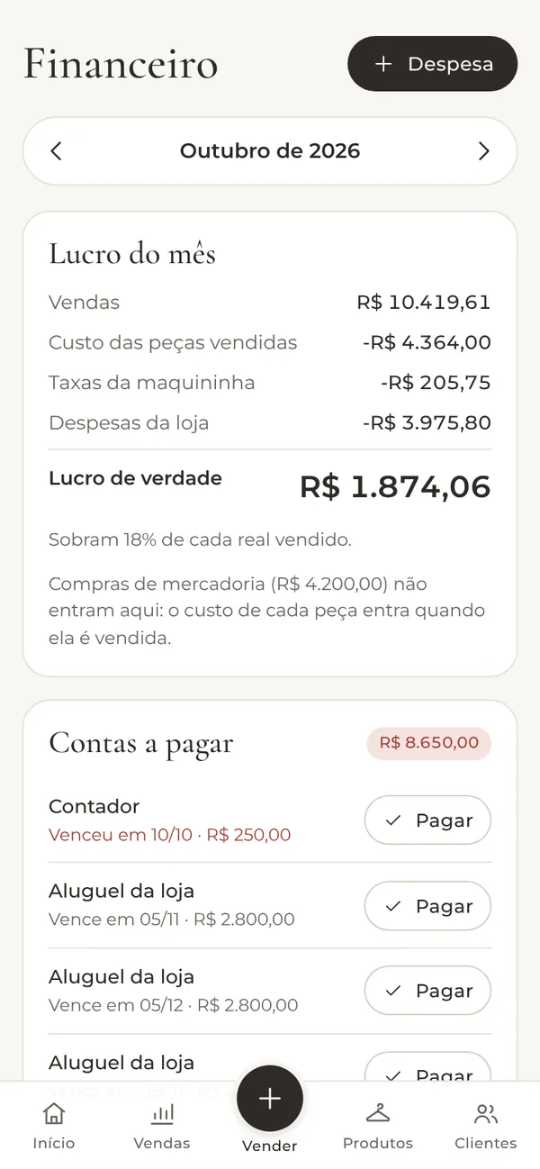 Financeiro: vendas, custo das peças, taxas da maquininha, despesas e o lucro de verdade do mês.