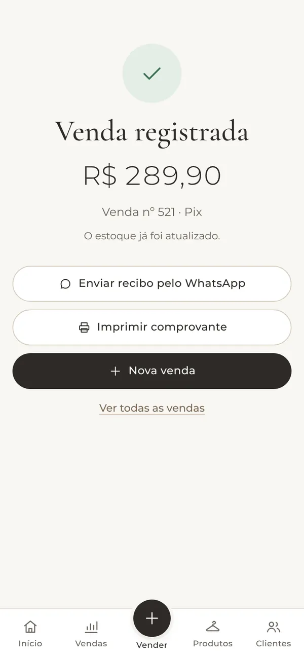 Venda registrada de R$ 289,90 no Pix, com o estoque já atualizado.