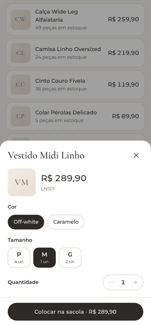 Nova venda: escolhendo a cor e o tamanho do Vestido Midi Linho, com o estoque de cada tamanho.